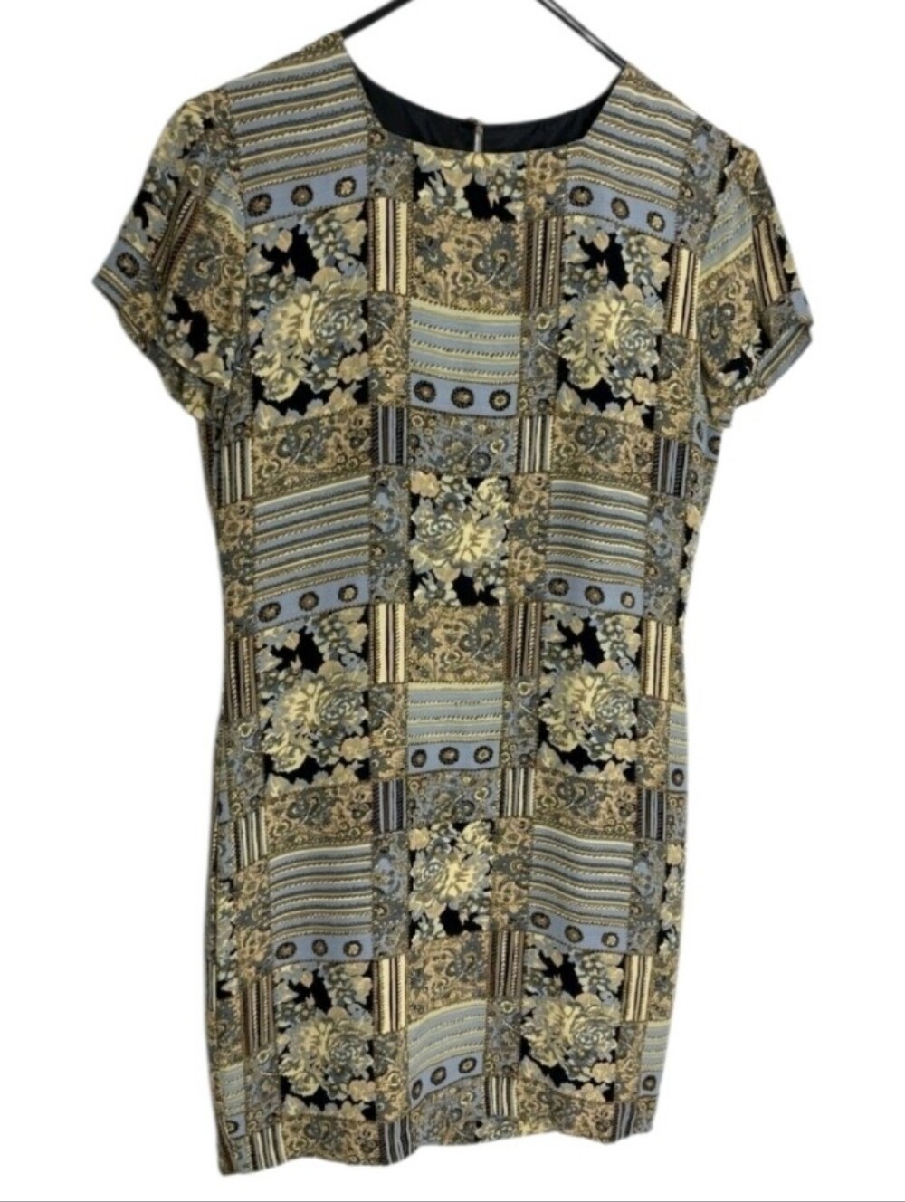 Henri Bendel Patchwork Floral Shift Dress in Black, Gold & Gray Vintage Size 2